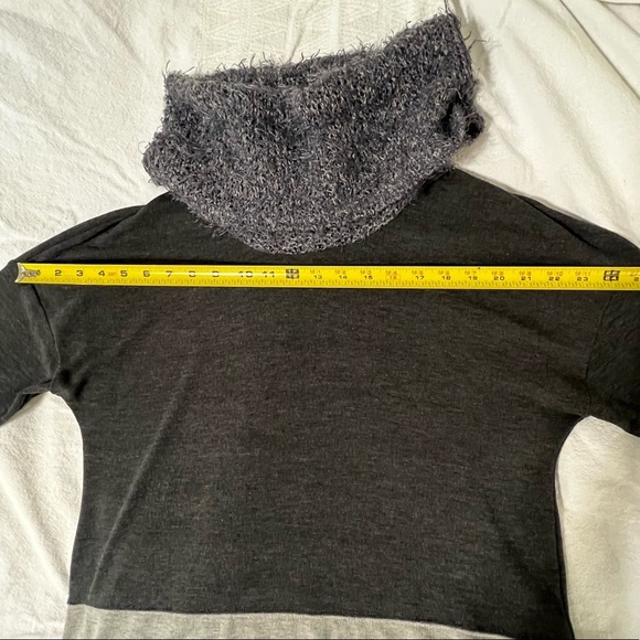 Blue Gray Charcoal Color Block Fuzzy Knit Cowl Neck Hip Length Top - Picture 9 of 12